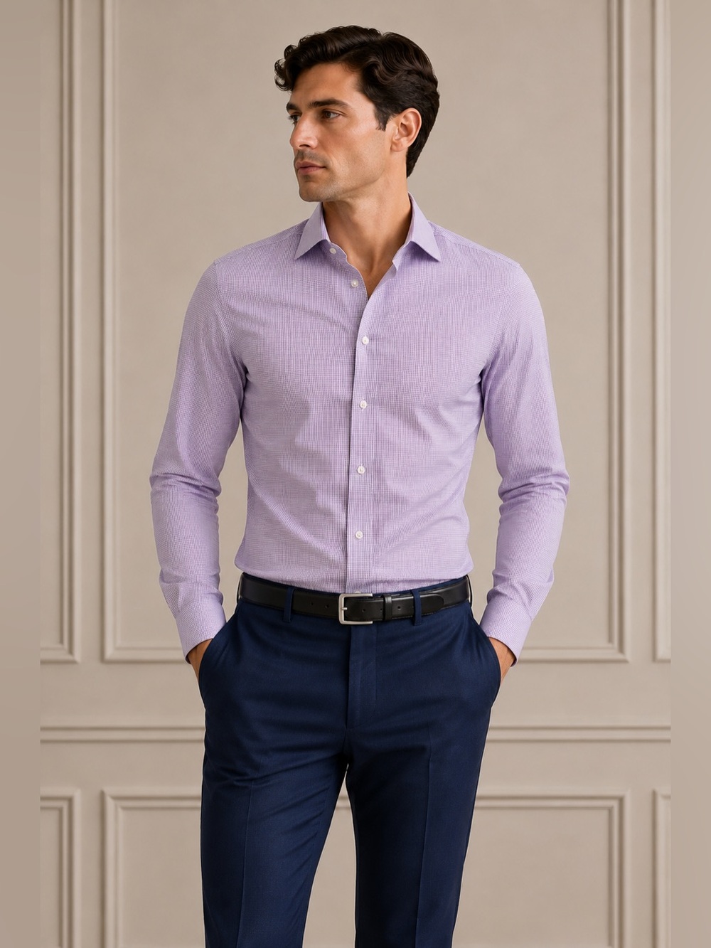 Jos. A. Bank Traveler Purple Micro-Check Slim Fit Dress Shirt 15.5/32